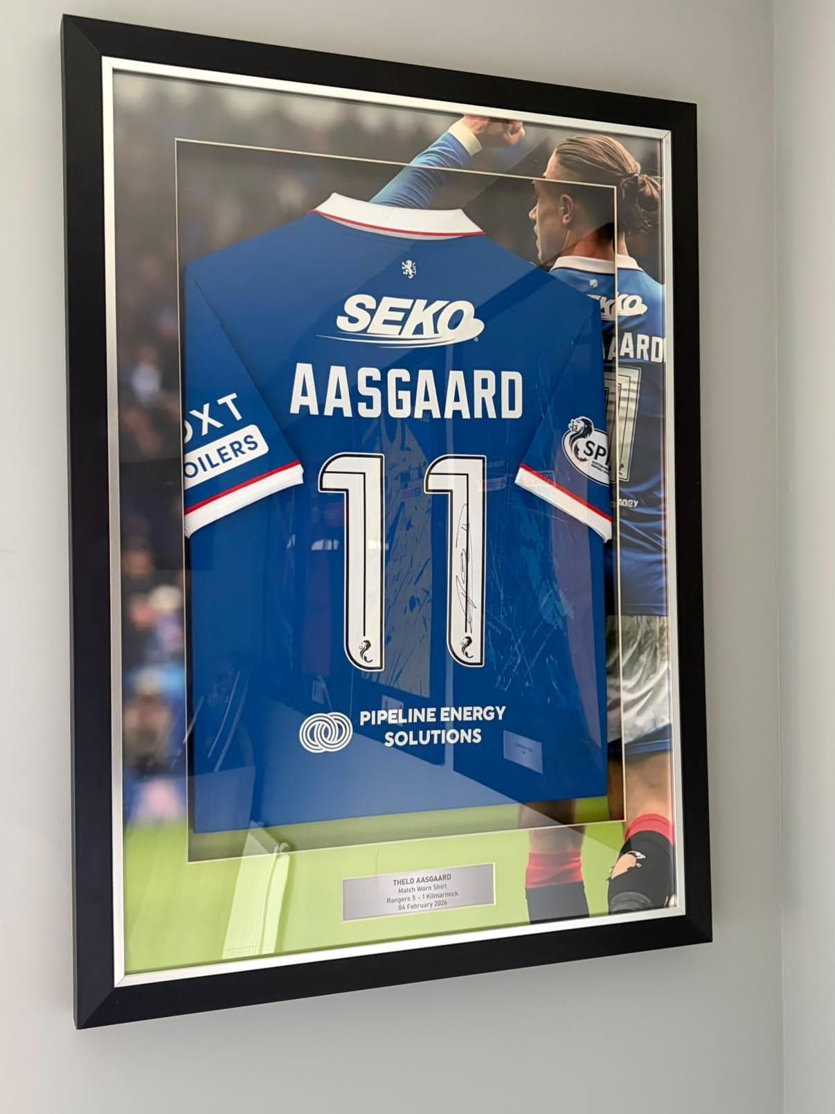 Framed Aasgaard match worn signed Rangers football shirt